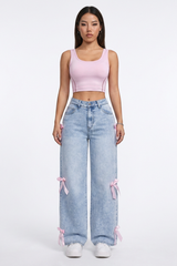 Women's Fall Cute Side Bow Detail Wide Leg Jeans
