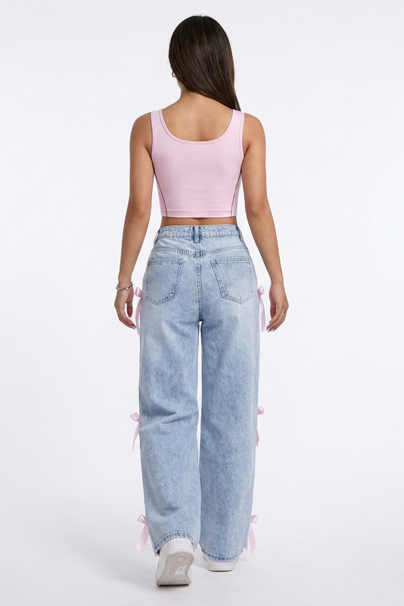 Women's Fall Cute Side Bow Detail Wide Leg Jeans
