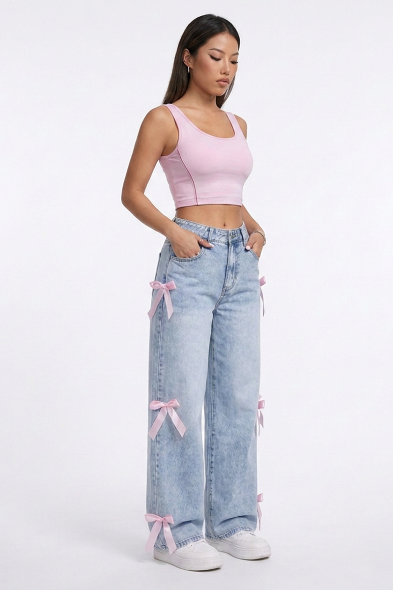 Women's Fall Cute Side Bow Detail Wide Leg Jeans