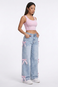 Women's Fall Cute Side Bow Detail Wide Leg Jeans