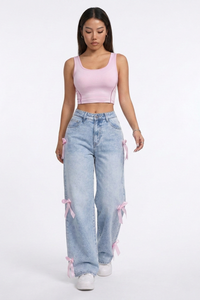 Women's Fall Cute Side Bow Detail Wide Leg Jeans
