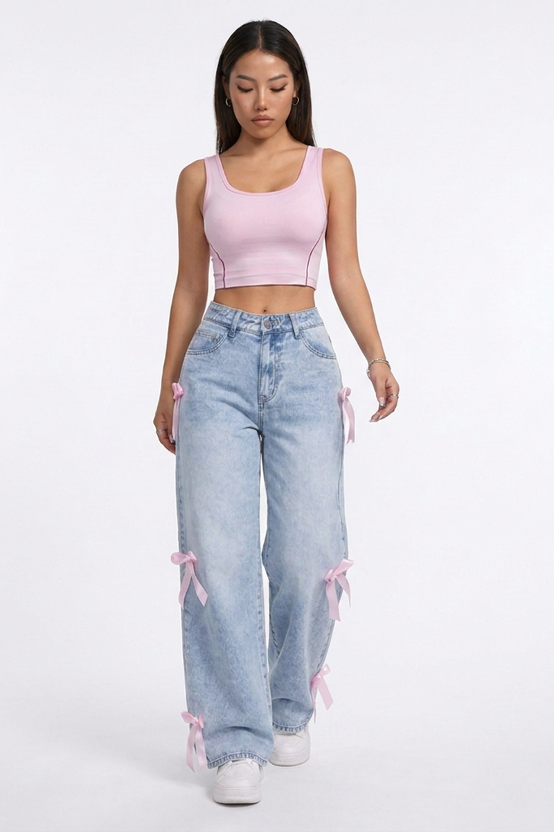 Women's Fall Cute Side Bow Detail Wide Leg Jeans