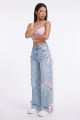 Women's Fall Cute Side Bow Detail Wide Leg Jeans