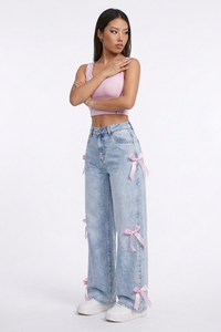 Women's Fall Cute Side Bow Detail Wide Leg Jeans