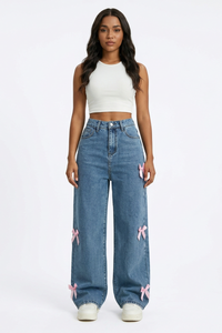 Women's Fall Cute Side Bow Detail Wide Leg Jeans