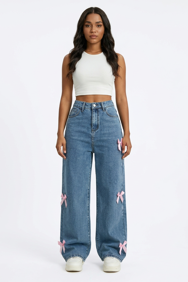 Women's Fall Cute Side Bow Detail Wide Leg Jeans