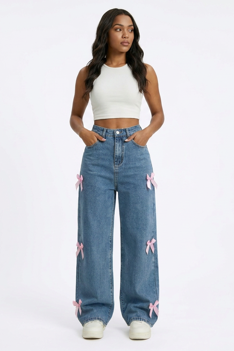Women's Fall Cute Side Bow Detail Wide Leg Jeans