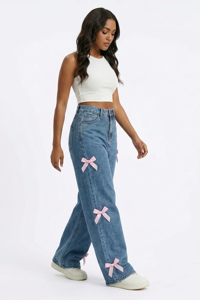 Women's Fall Cute Side Bow Detail Wide Leg Jeans