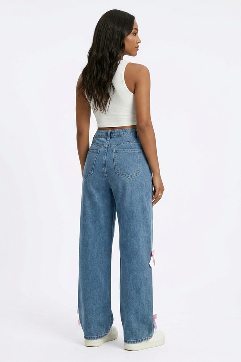 Women's Fall Cute Side Bow Detail Wide Leg Jeans