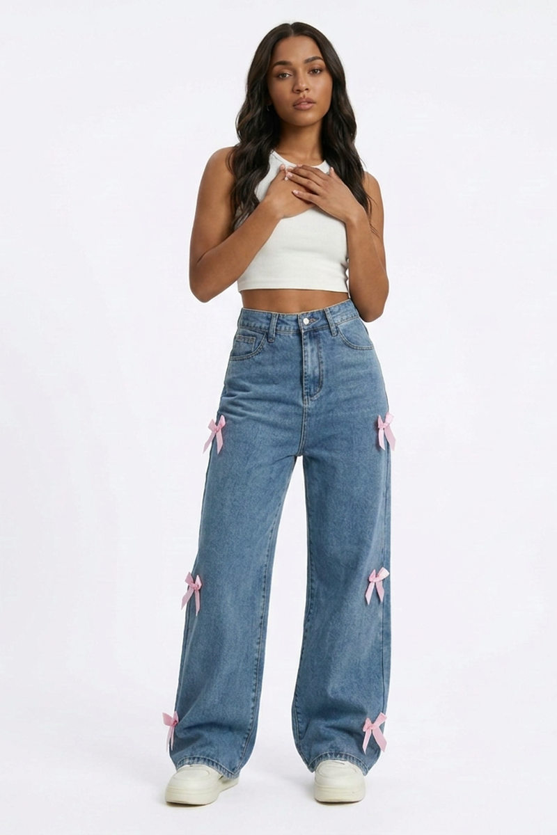 Women's Fall Cute Side Bow Detail Wide Leg Jeans