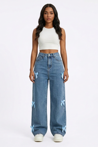 Women's Fall Cute Side Bow Detail Wide Leg Jeans