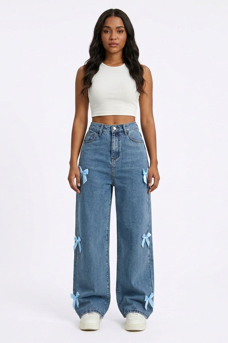 Women's Fall Cute Side Bow Detail Wide Leg Jeans