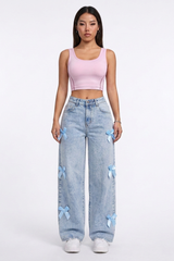 Women's Fall Cute Side Bow Detail Wide Leg Jeans