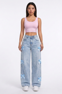 Women's Fall Cute Side Bow Detail Wide Leg Jeans