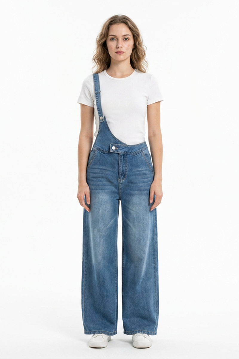 Women's Relaxed Fit One-Strap Wide Leg Denim Overalls