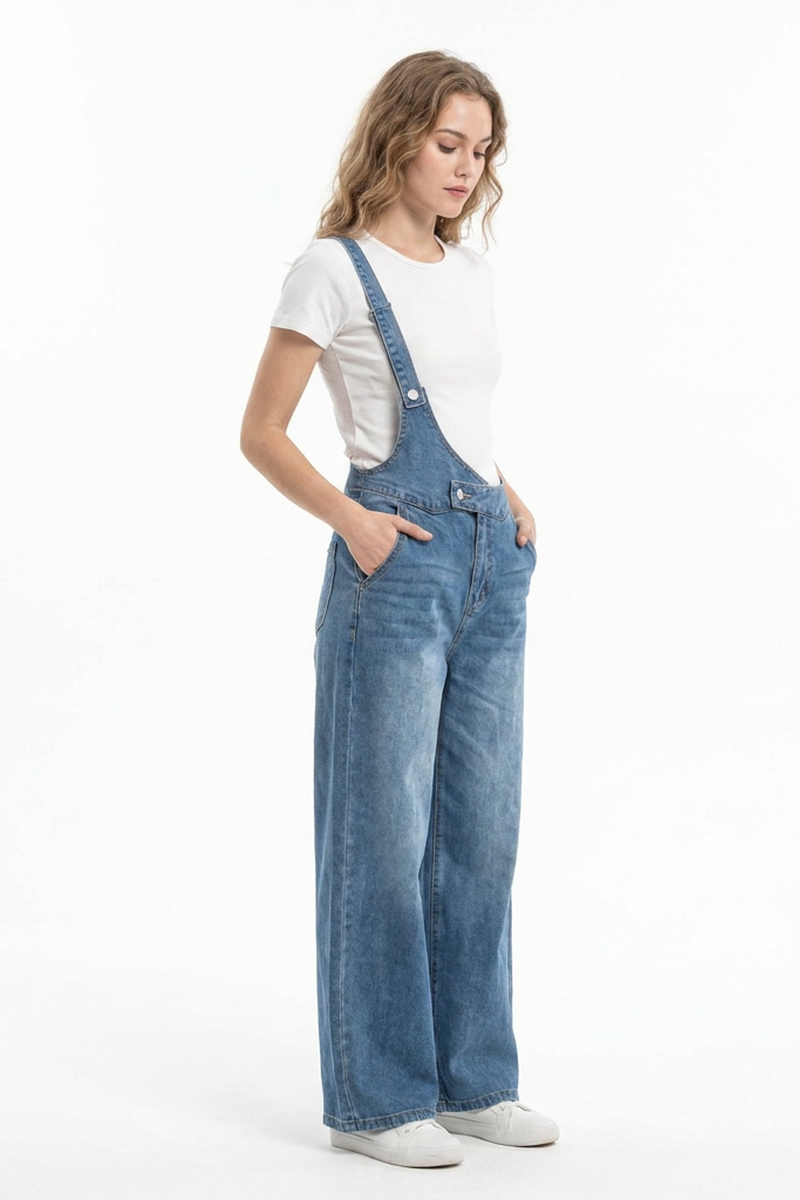 Women's Relaxed Fit One-Strap Wide Leg Denim Overalls