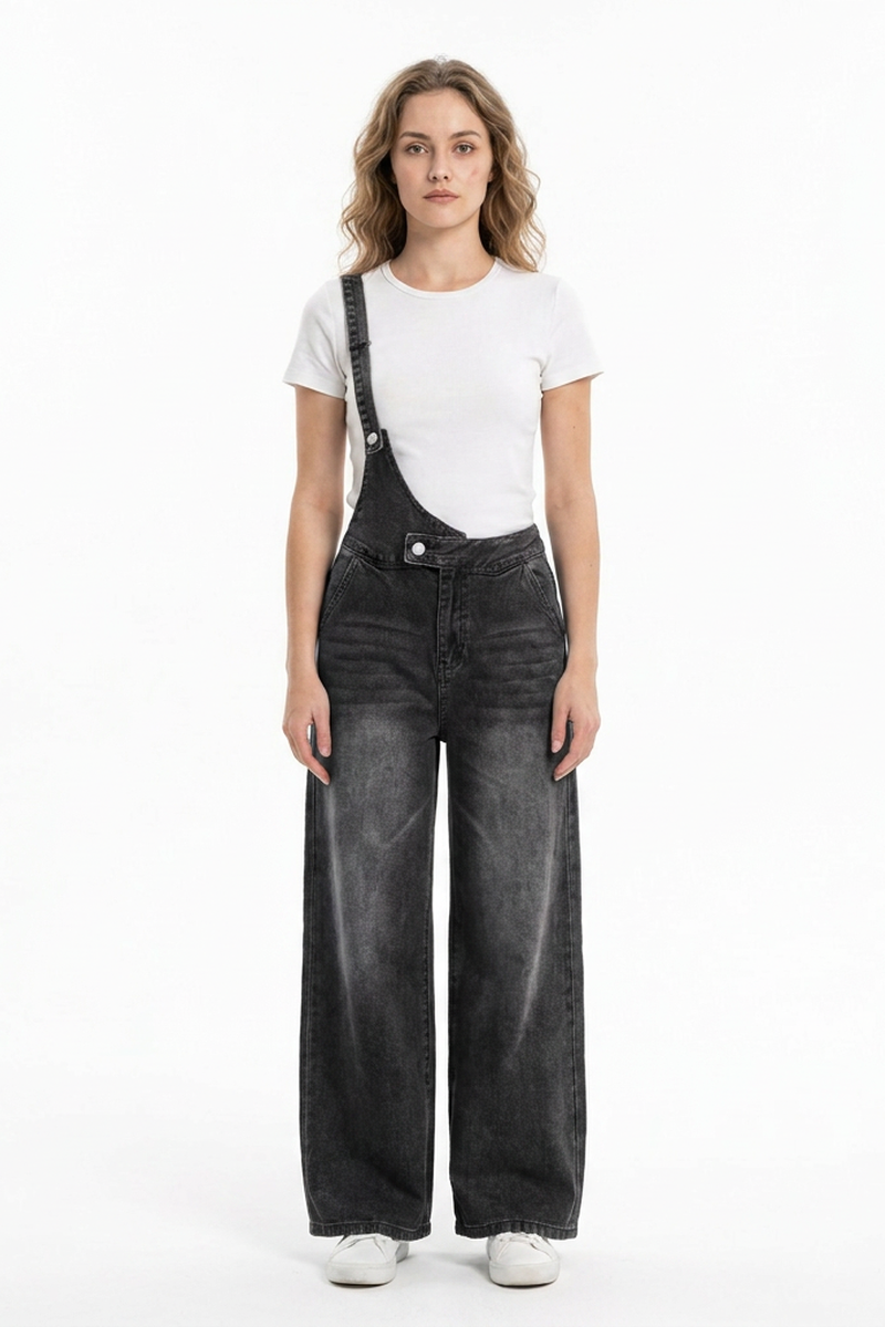 Women's Relaxed Fit One-Strap Wide Leg Denim Overalls