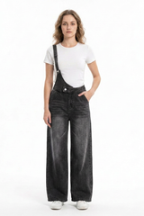 Women's Relaxed Fit One-Strap Wide Leg Denim Overalls