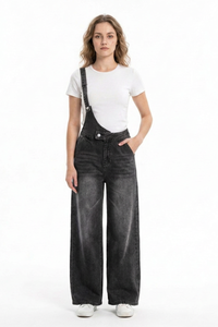 Women's Relaxed Fit One-Strap Wide Leg Denim Overalls