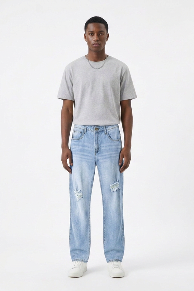 Men's Knee Ripped Distressed Straight Leg Jeans