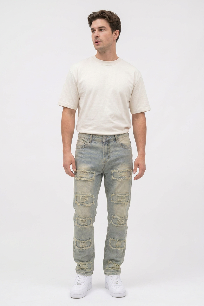 Men's Multi-Panel Frayed Slim Straight Leg Jeans