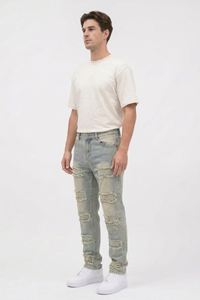 Men's Multi-Panel Frayed Slim Straight Leg Jeans