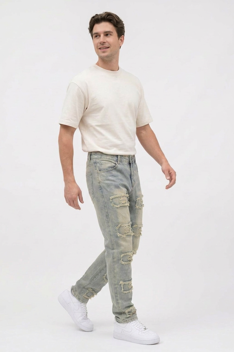 Men's Multi-Panel Frayed Slim Straight Leg Jeans