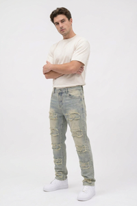 Men's Multi-Panel Frayed Slim Straight Leg Jeans