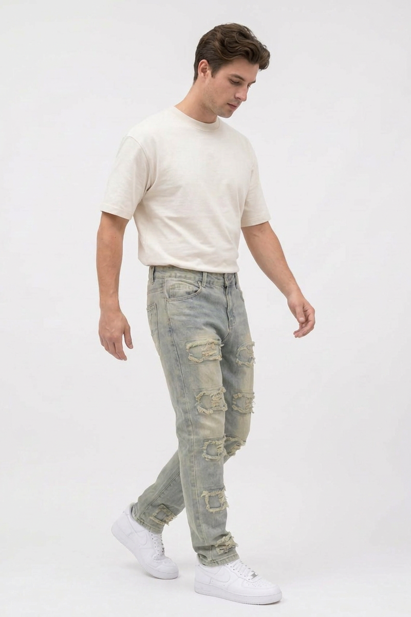 Men's Multi-Panel Frayed Slim Straight Leg Jeans