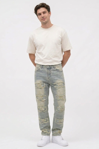 Men's Multi-Panel Frayed Slim Straight Leg Jeans
