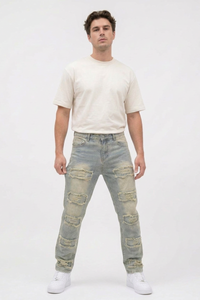 Men's Multi-Panel Frayed Slim Straight Leg Jeans