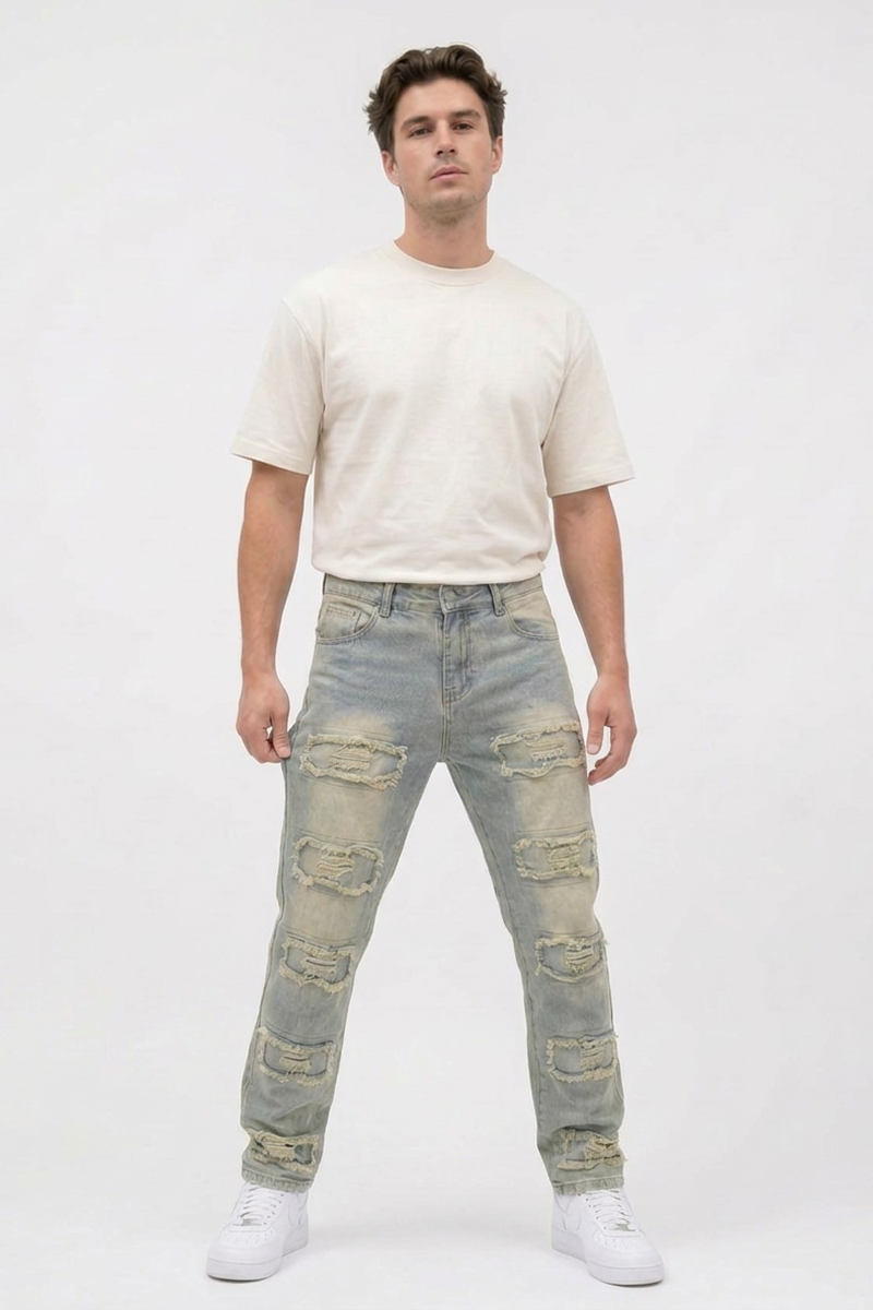 Men's Multi-Panel Frayed Slim Straight Leg Jeans