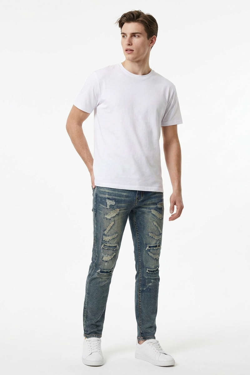Men's Heavy Distressed Slim Fit Ripped Jeans