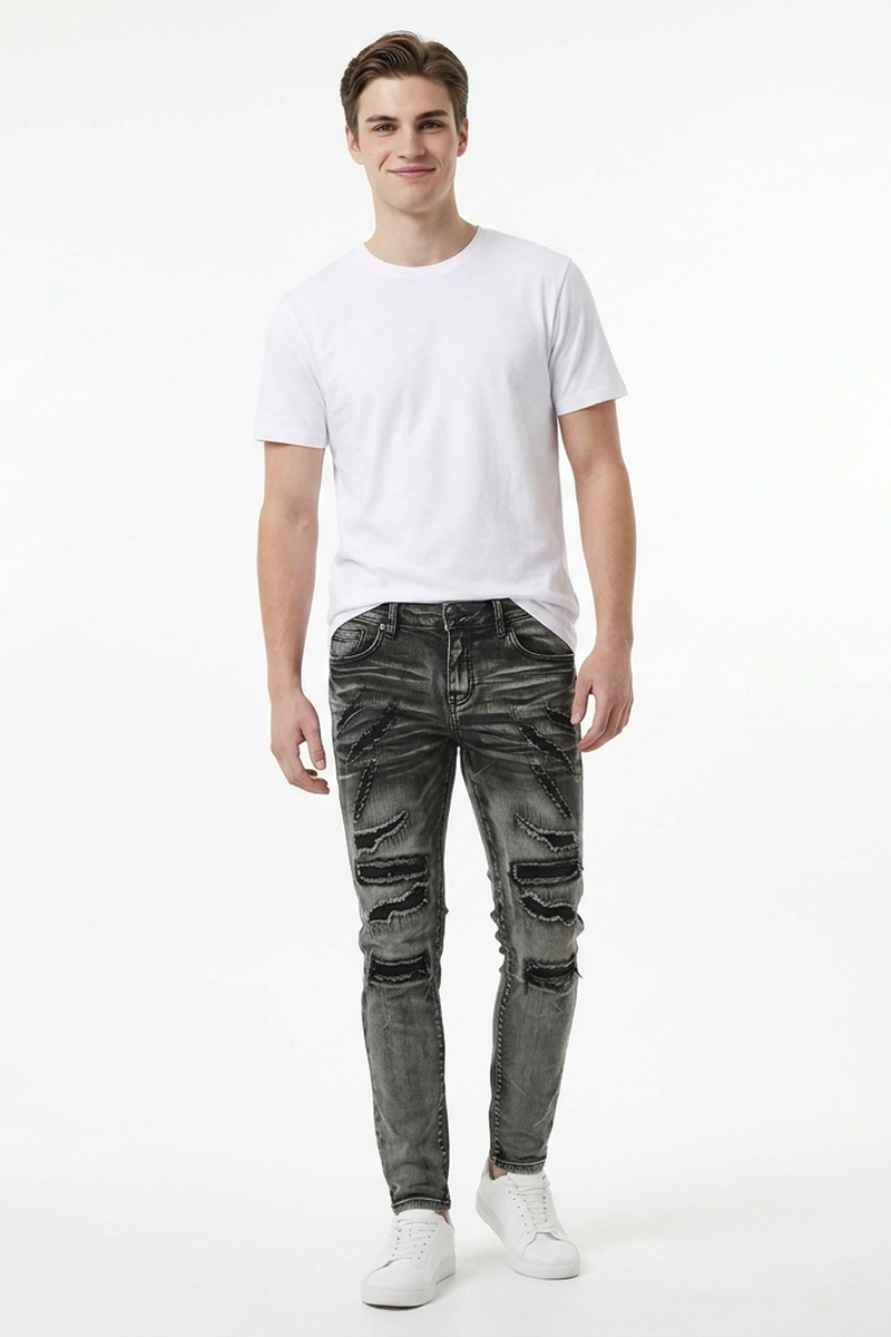 Men's Heavy Distressed Slim Fit Ripped Jeans