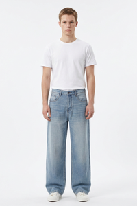Men's 100% Cotton Washed Relaxed Fit Wide Leg Jeans