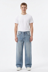 Men's 100% Cotton Washed Relaxed Fit Wide Leg Jeans