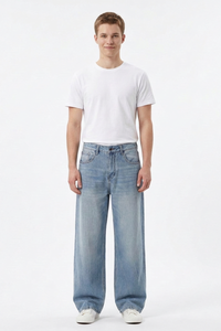 Men's 100% Cotton Washed Relaxed Fit Wide Leg Jeans