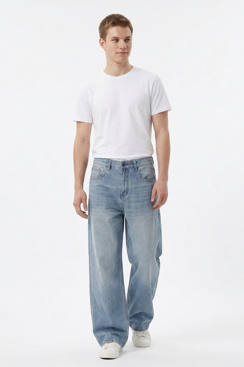 Men's 100% Cotton Washed Relaxed Fit Wide Leg Jeans