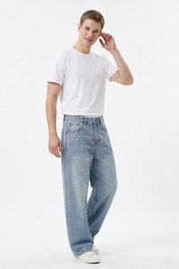Men's 100% Cotton Washed Relaxed Fit Wide Leg Jeans