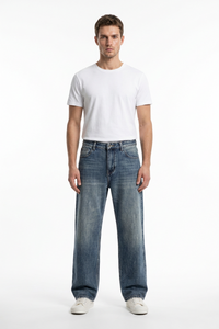 Men's  100% Cotton Vintage Wash Relaxed Straight Leg Jeans