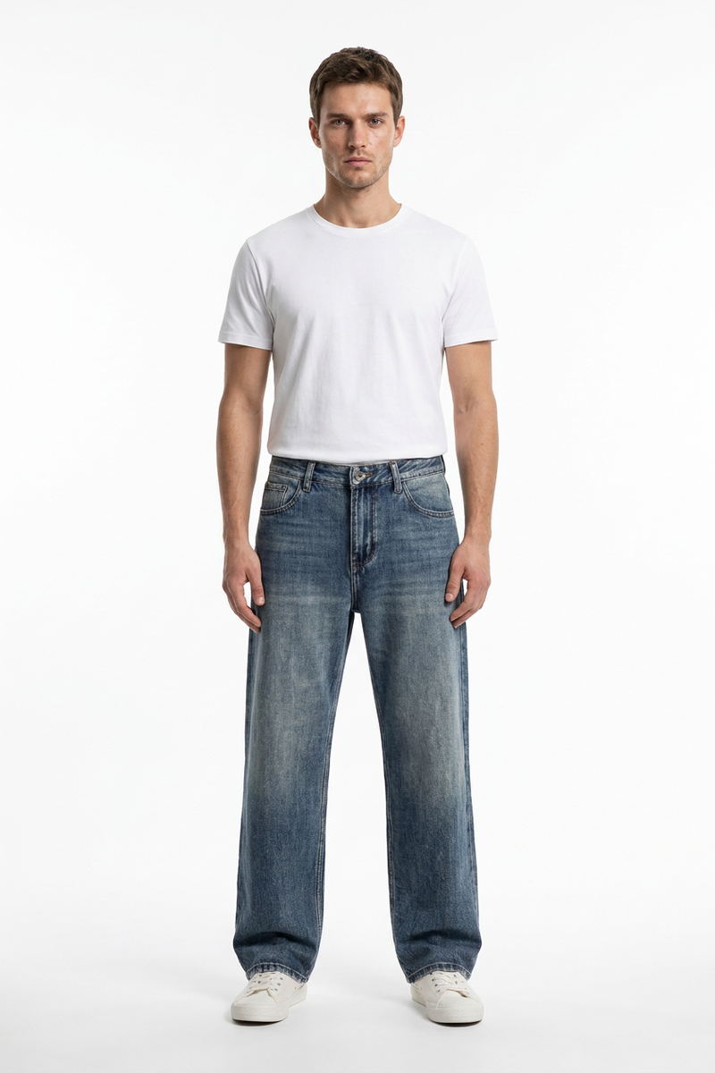 Men's  100% Cotton Vintage Wash Relaxed Straight Leg Jeans