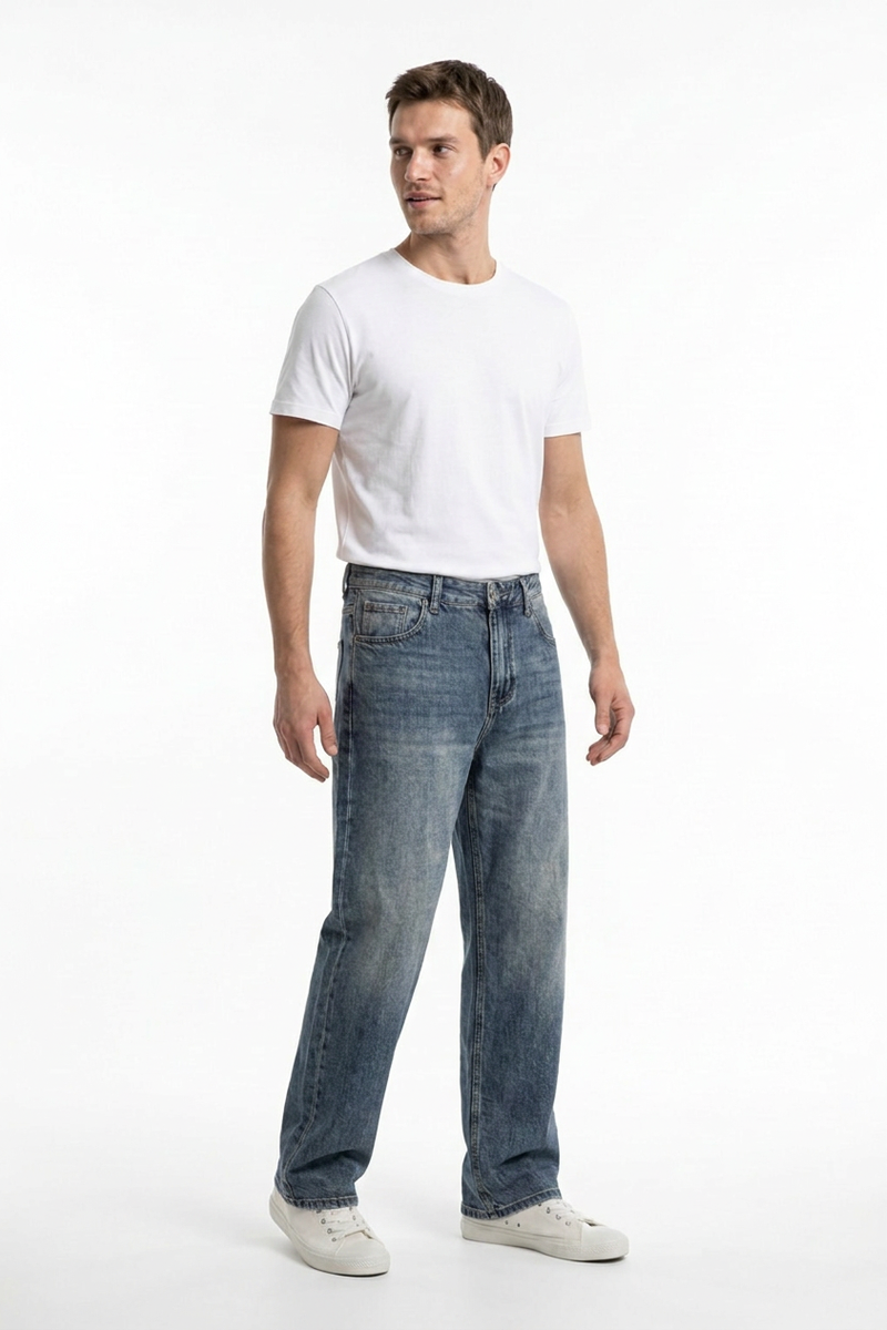 Men's  100% Cotton Vintage Wash Relaxed Straight Leg Jeans