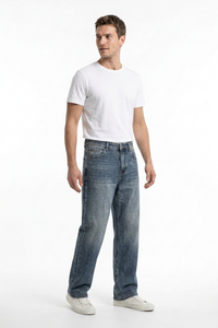 Men's  100% Cotton Vintage Wash Relaxed Straight Leg Jeans
