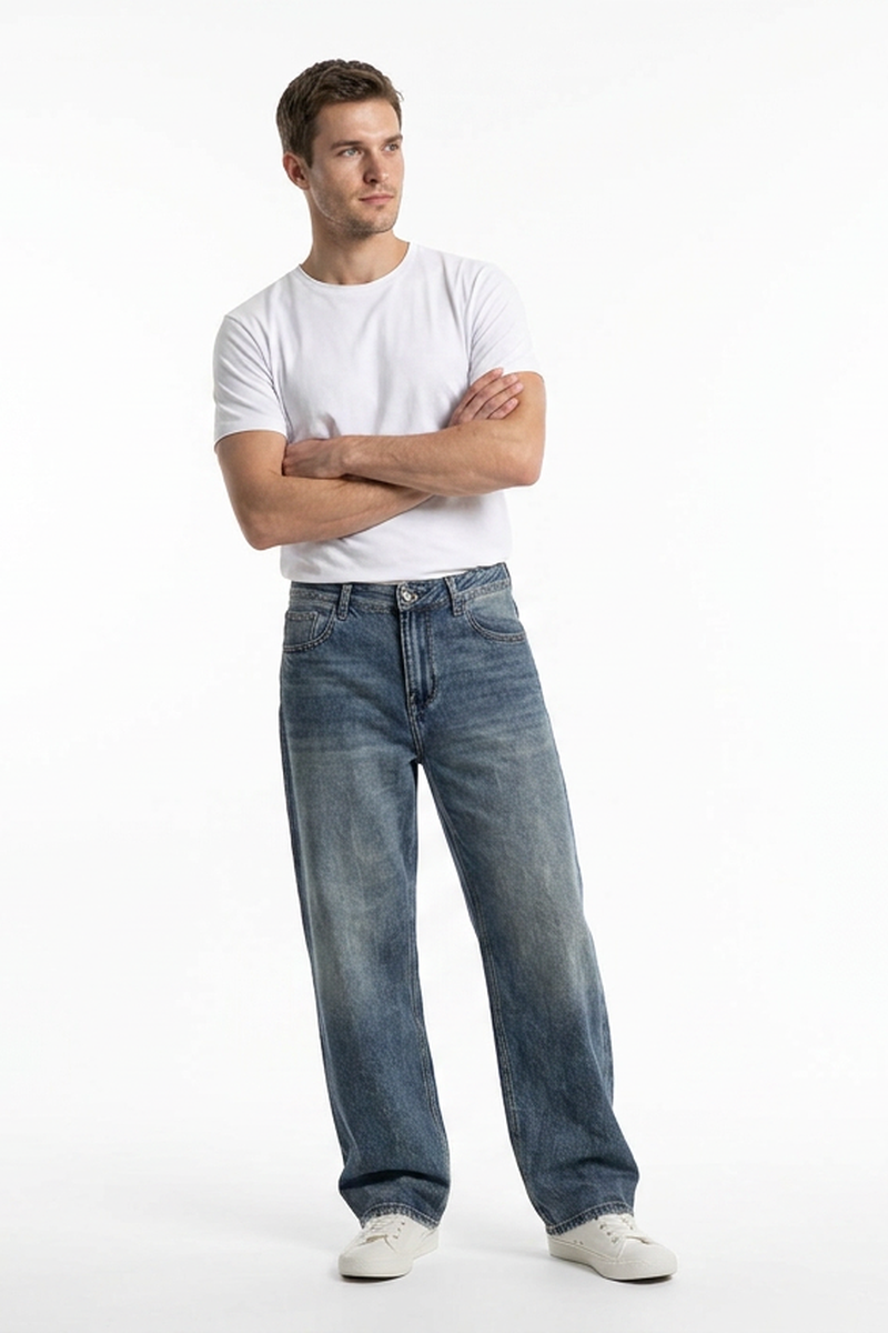 Men's  100% Cotton Vintage Wash Relaxed Straight Leg Jeans