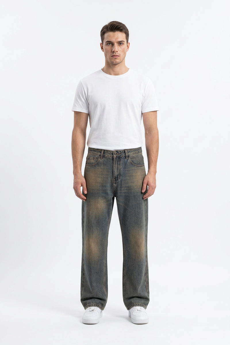 Men's Vintage Dirty Wash Cotton Straight Leg Jeans