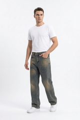 Men's Vintage Dirty Wash Cotton Straight Leg Jeans