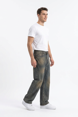 Men's Vintage Dirty Wash Cotton Straight Leg Jeans