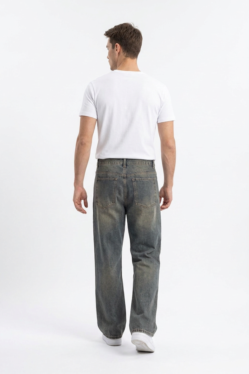 Men's Vintage Dirty Wash Cotton Straight Leg Jeans
