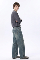 Men's 100% Cotton Dirty Washed Relaxed Straight Leg Jeans