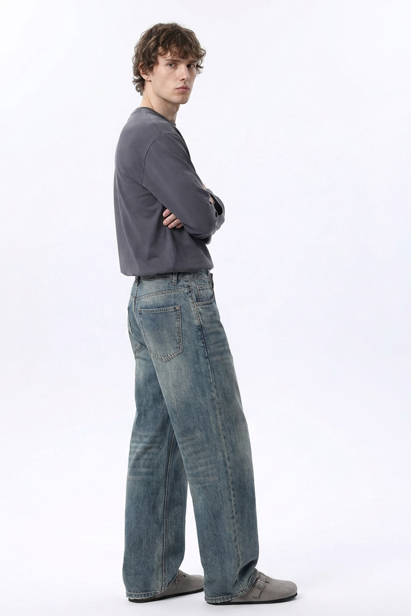 Men's 100% Cotton Dirty Washed Relaxed Straight Leg Jeans
